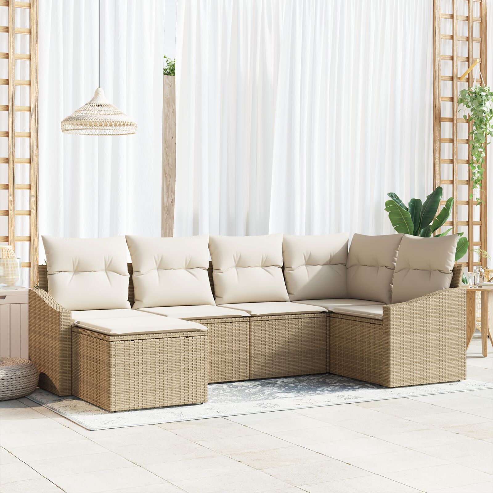 6-teiliges Garten-Essgruppen-Set mit Kissen Beige Poly-Rattan 6-teiliges Garten-Essgruppen-Set mit Kissen Beige Poly-Rattan
