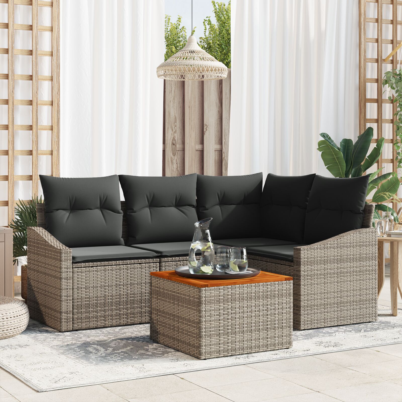 5-teilige Garten Sofa Set mit Kissen grau Poly Rattan Akazie 5-teilige Garten Sofa Set mit Kissen grau Poly Rattan Akazie