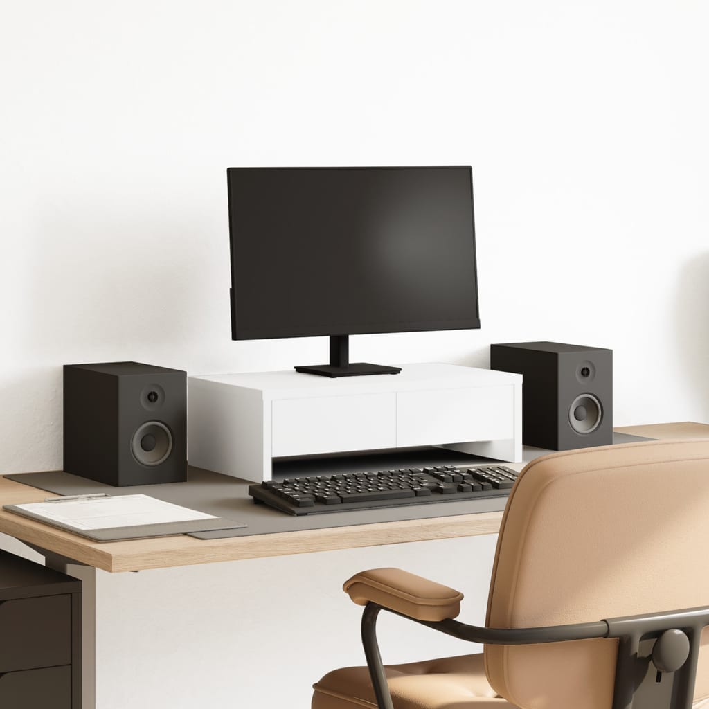 Monitorständer mit Schubladen Weiß 50x27x15 cm Holzwerkstoff Monitorständer mit Schubladen Weiß 50x27x15 cm Holzwerkstoff