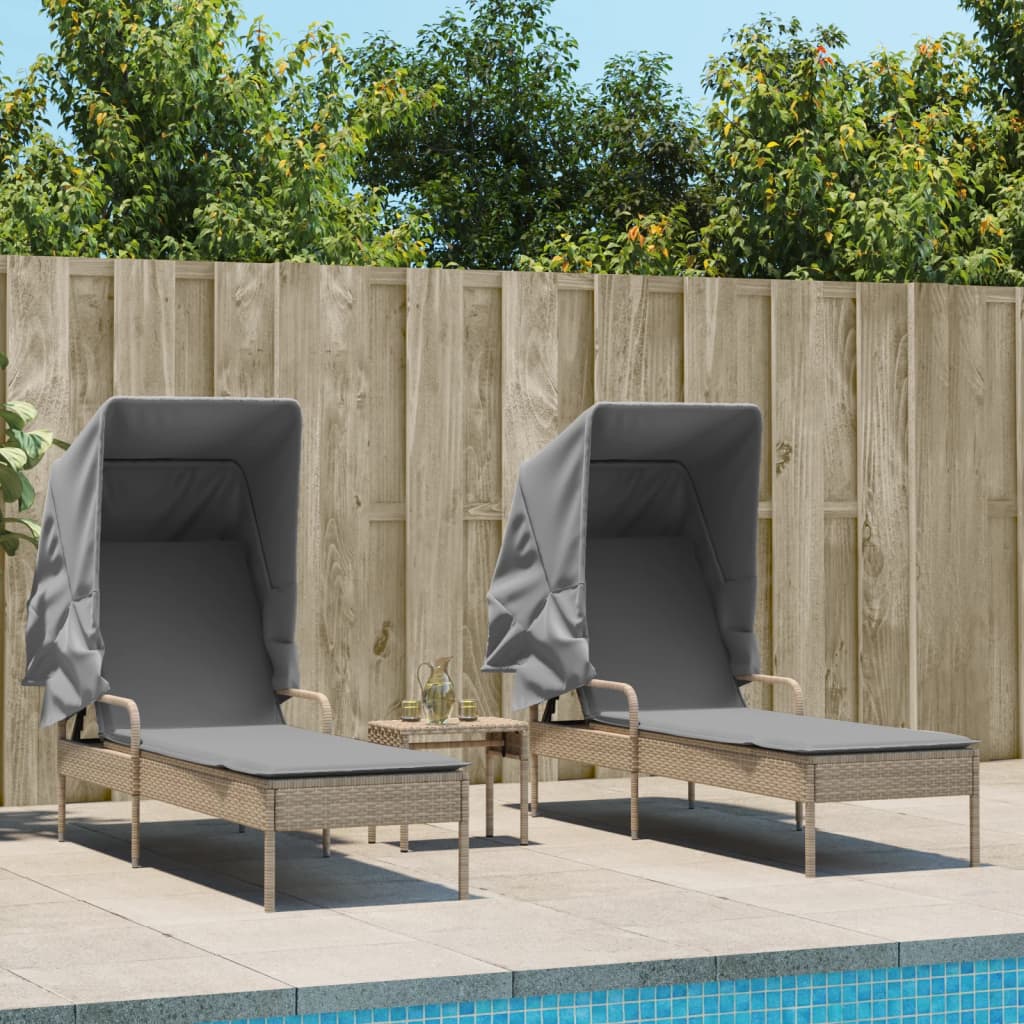 Sonnenliegen 2 Stk. mit Dach und Tisch Beige Poly Rattan Sonnenliegen 2 Stk. mit Dach und Tisch Beige Poly Rattan