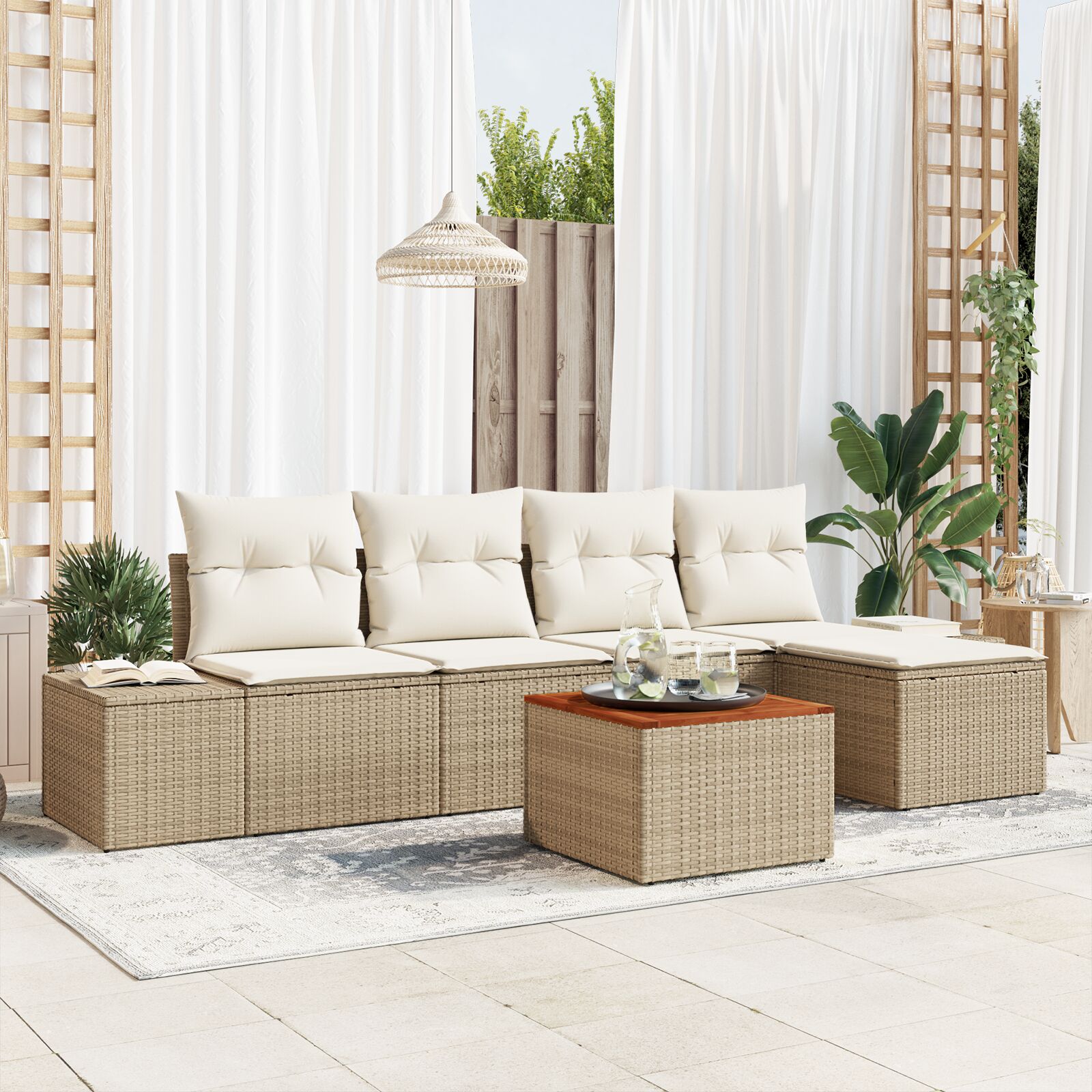 6-teiliges Garten Sofa Set mit Kissen Beige Poly Rattan Akazie