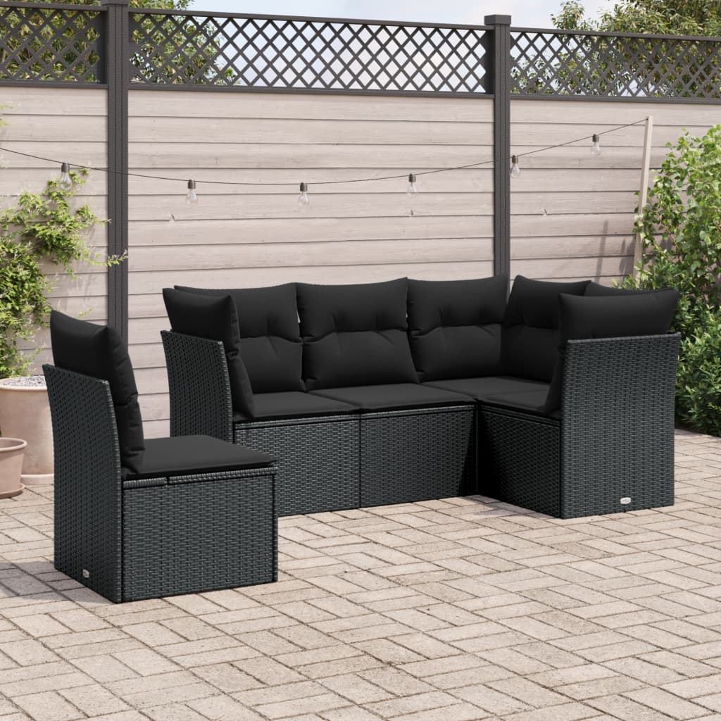 5-tlg. Garten-Sofagarnitur mit Kissen Schwarz Poly Rattan 5-tlg. Garten-Sofagarnitur mit Kissen Schwarz Poly Rattan