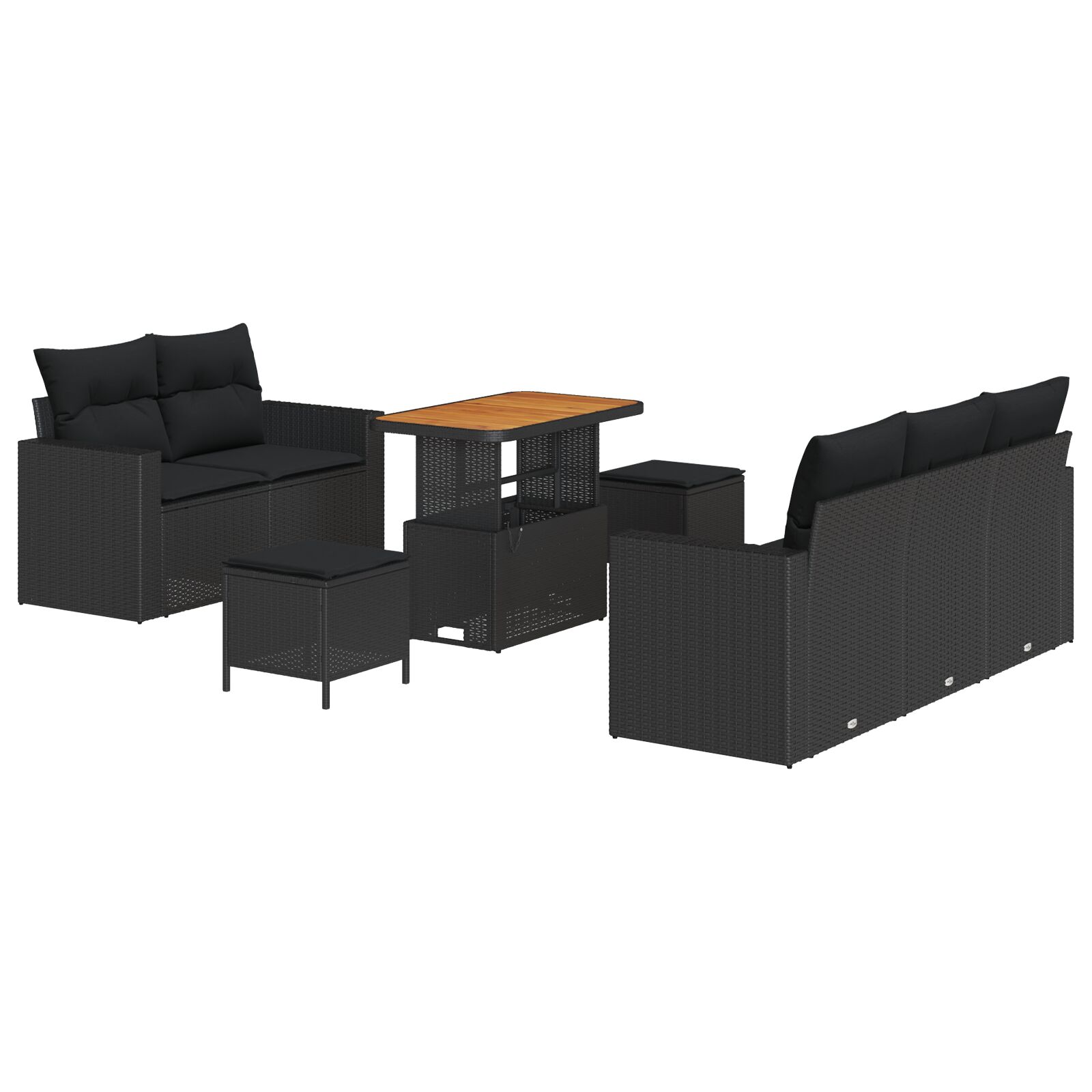 8-teiliges Garten Sofa Set mit Kissen Schwarz Poly Rattan Akazie, 3-teiliges Garten Essbereich Set mit Kissen Schwarz Poly Rattan Akazie