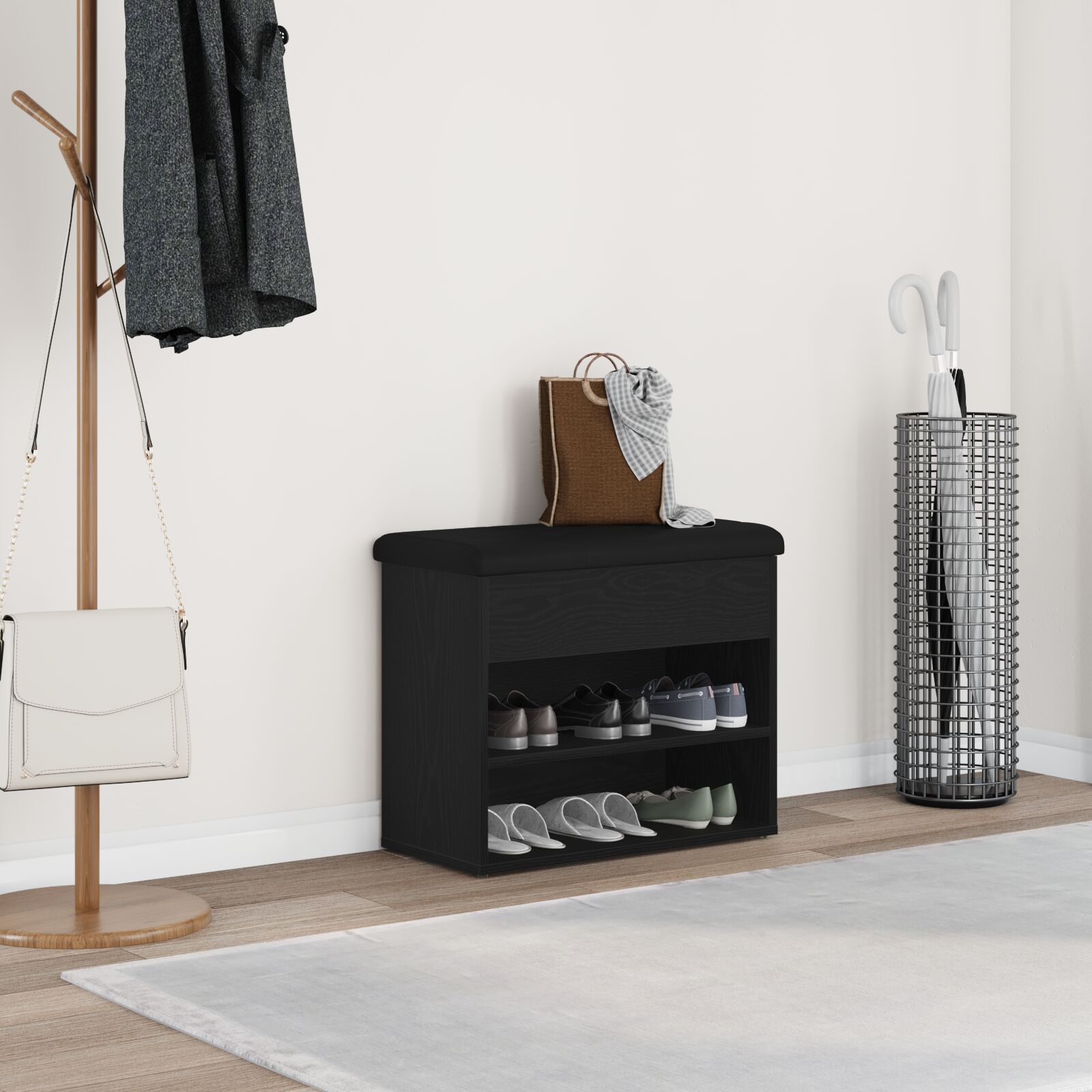 Bank mit Stauraum Schwarz Eiche 60x30x48 cm Holzwerkstoff