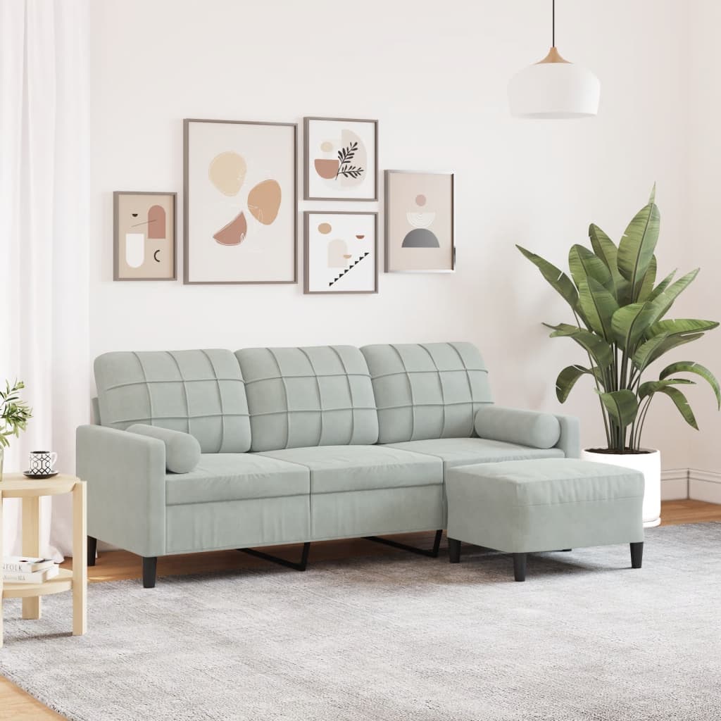 3-Sitzer-Sofa mit Hocker Hellgrau 180 cm Samt 3-Sitzer-Sofa mit Hocker Hellgrau 180 cm Samt