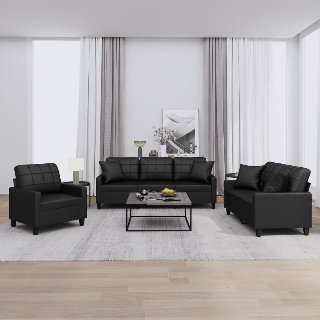 3-tlg. Sofagarnitur mit Kissen Schwarz Kunstleder 3-tlg. Sofagarnitur mit Kissen Schwarz Kunstleder