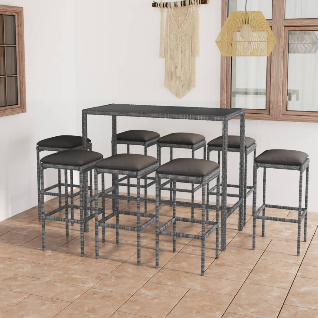 9-tlg. Gartenbar-Set mit Kissen Poly Rattan Grau 9-tlg. Gartenbar-Set mit Kissen Poly Rattan Grau