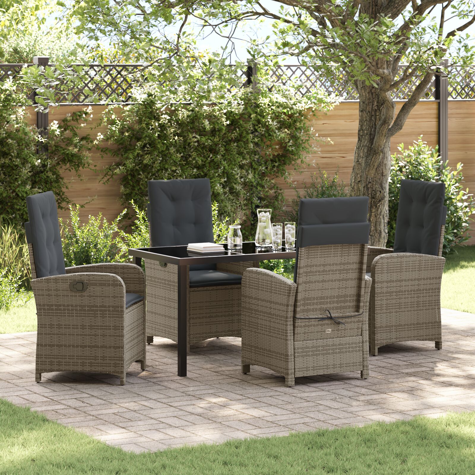 5-teiliges Garten-Esszimmer-Set mit Kissen Grau Poly-Rattan