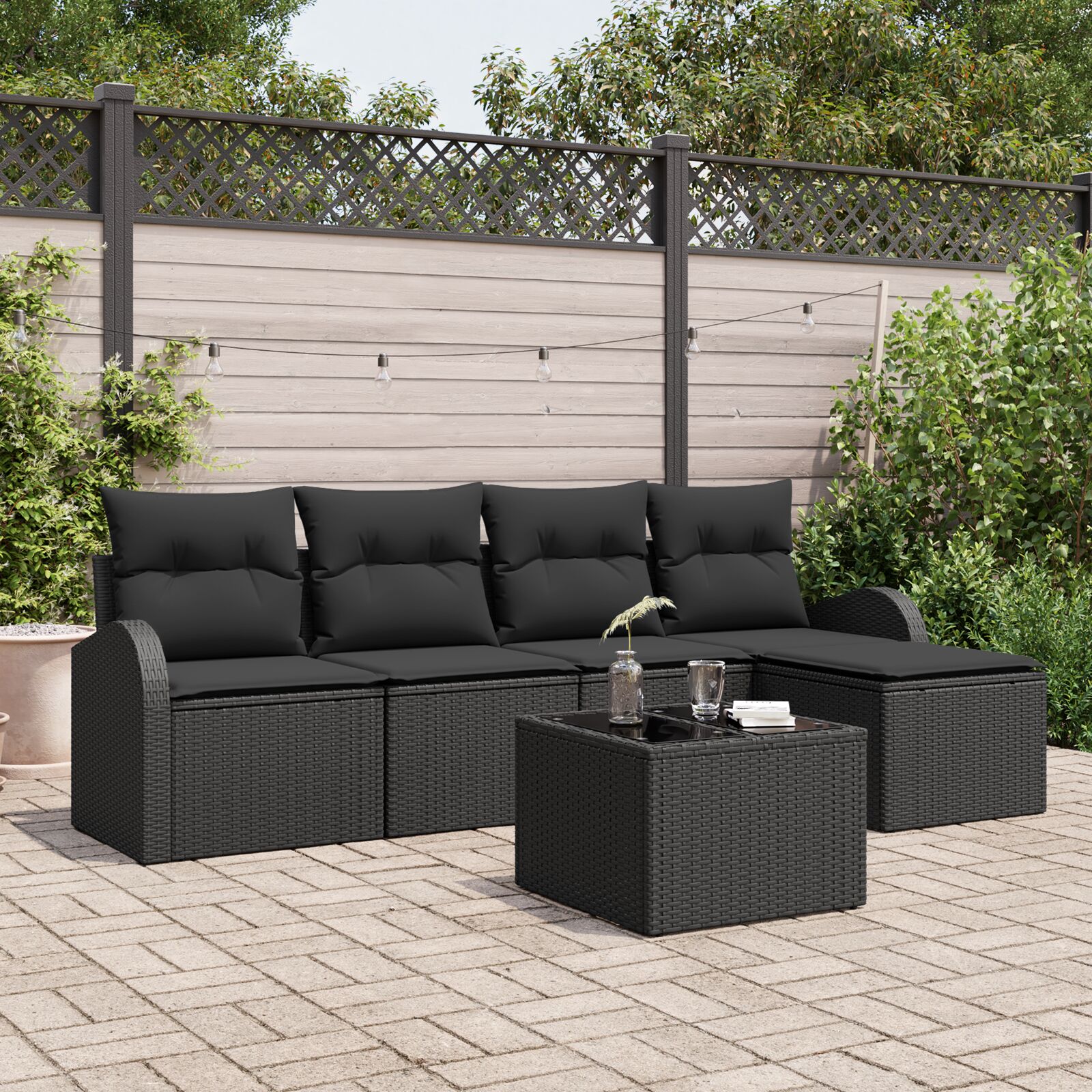 6-teiliges Garten-Sofaset mit Kissen Schwarz Poly-Rattan 6-teiliges Garten-Sofaset mit Kissen Schwarz Poly-Rattan