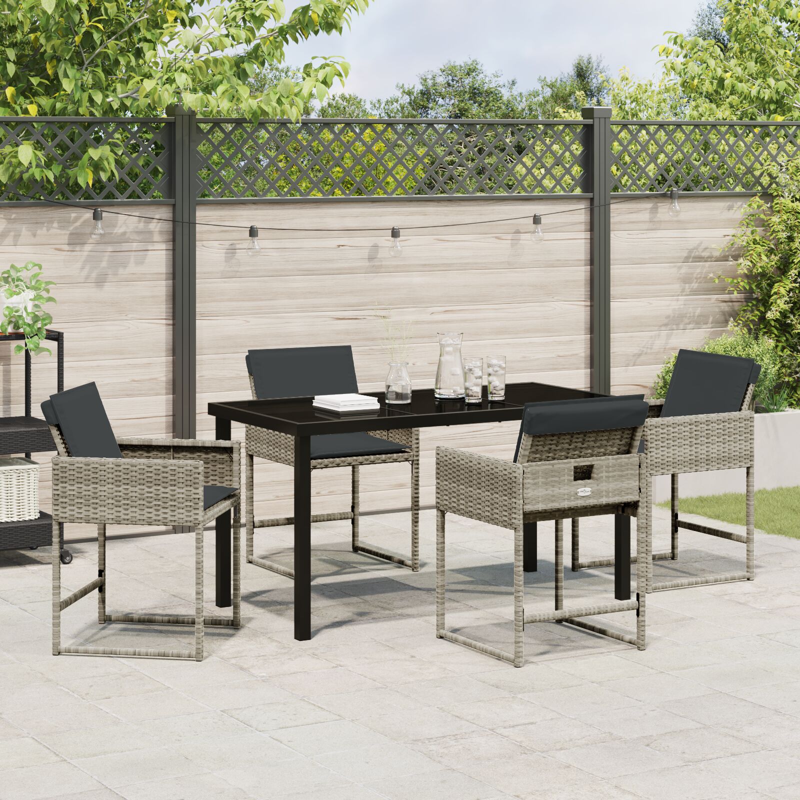 5-teiliges Garten-Dining-Set mit Kissen in Hellgrau aus Poly-Rattan