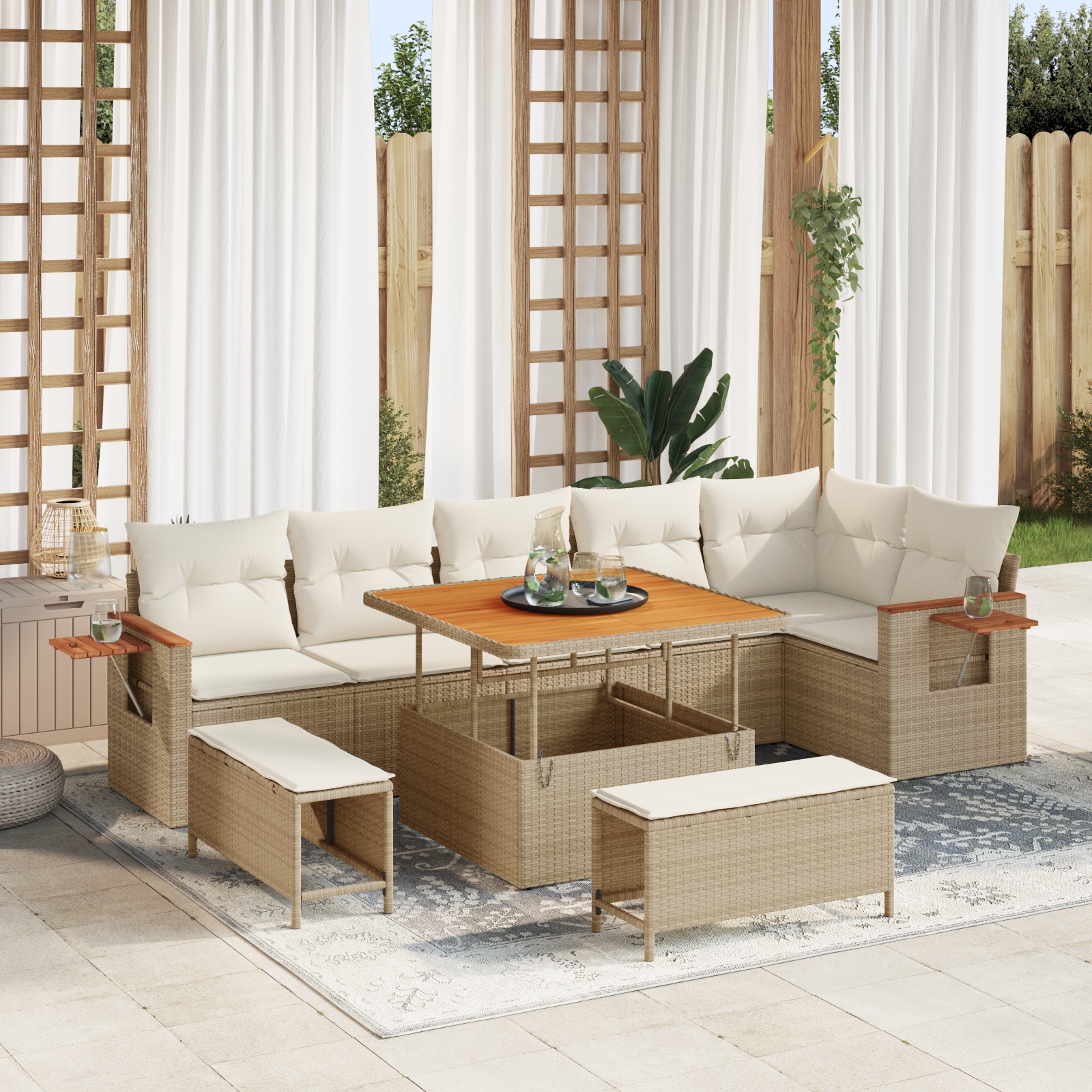 9-teiliges Garten Sofa Set mit Kissen Beige Poly-Rattan Akazie 9-teiliges Garten Sofa Set mit Kissen Beige Poly-Rattan Akazie