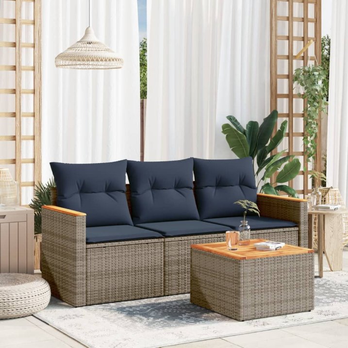 4-teiliges Gartensofa-Set mit Kissen, grau, Polyrattan 4-teiliges Gartensofa-Set mit Kissen, grau, Polyrattan