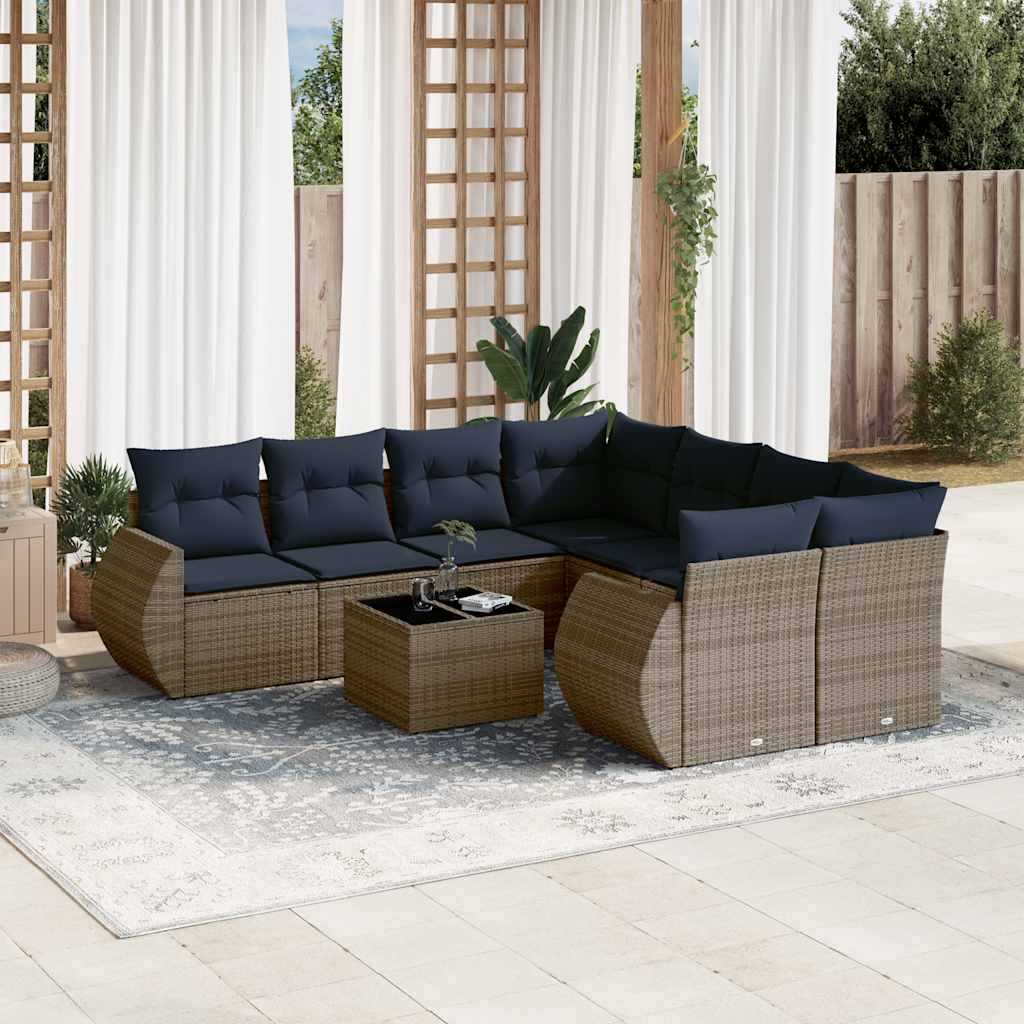 9-teiliges Gartensofa-Set mit Kissen, grau, Polyrattan 9-teiliges Gartensofa-Set mit Kissen, grau, Polyrattan