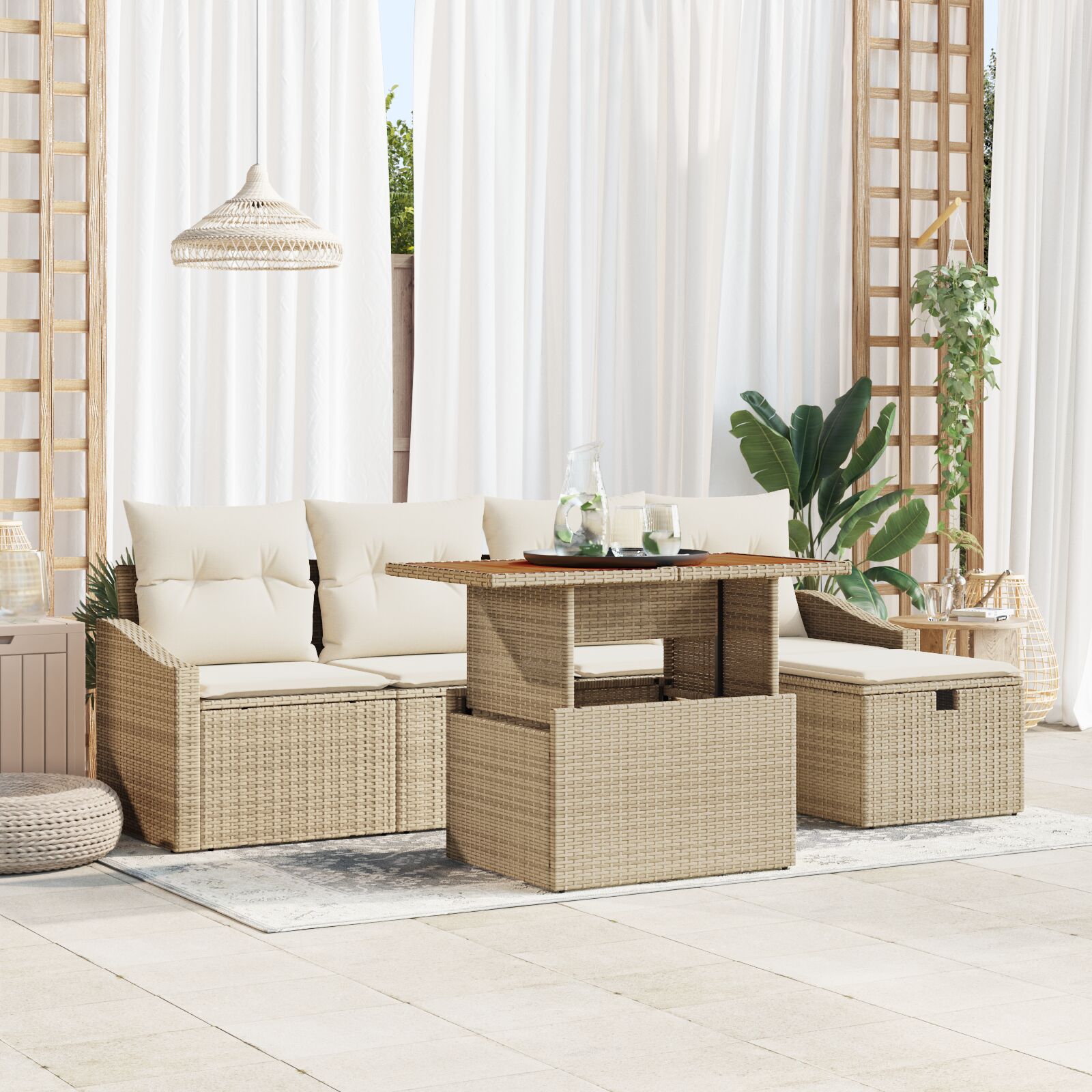 6-teiliges Garten-Sofa-Set mit Kissen in Beige Poly-Rattan