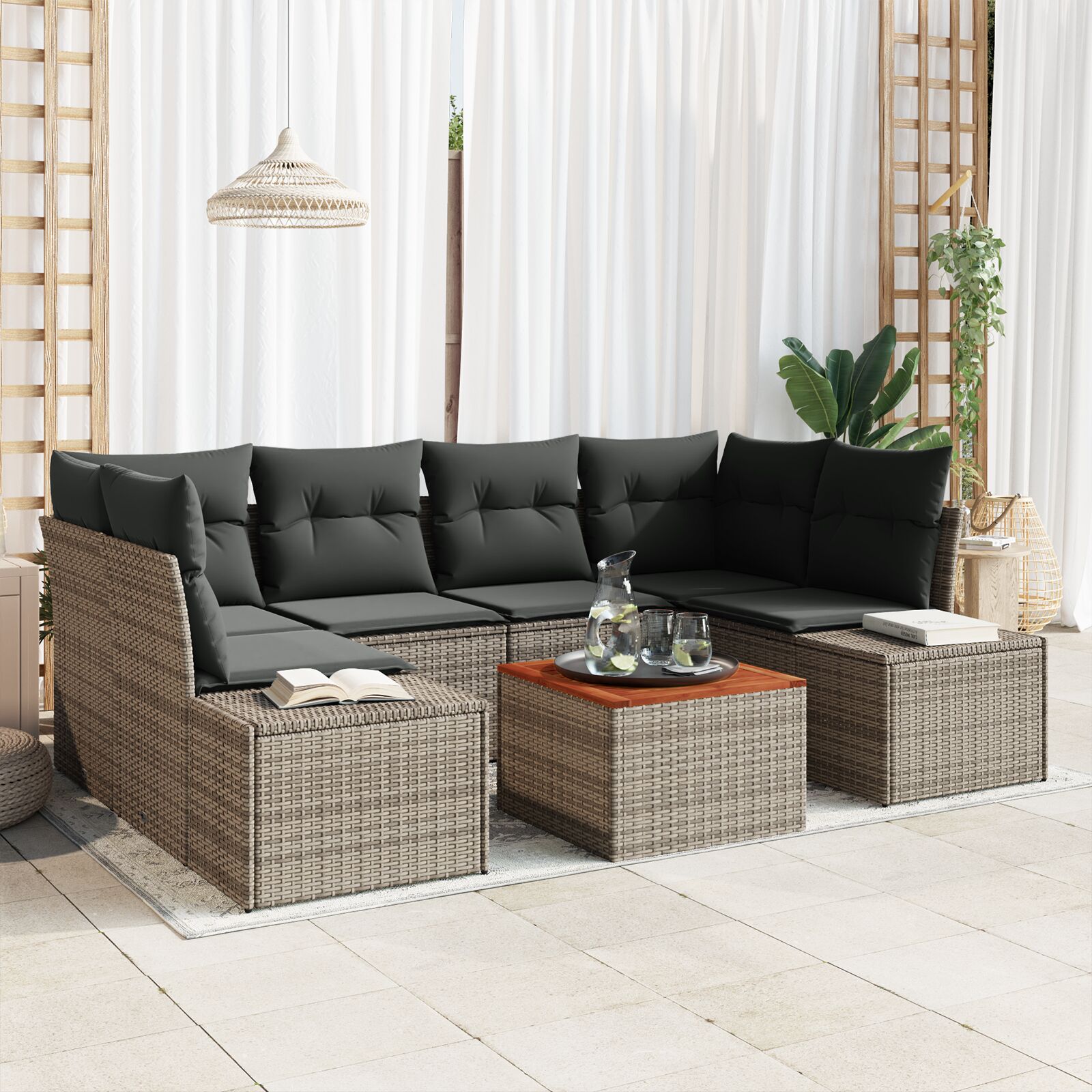 7-teiliges Garten-Sofa-Set mit Kissen Grau Poly-Rattan Akazie