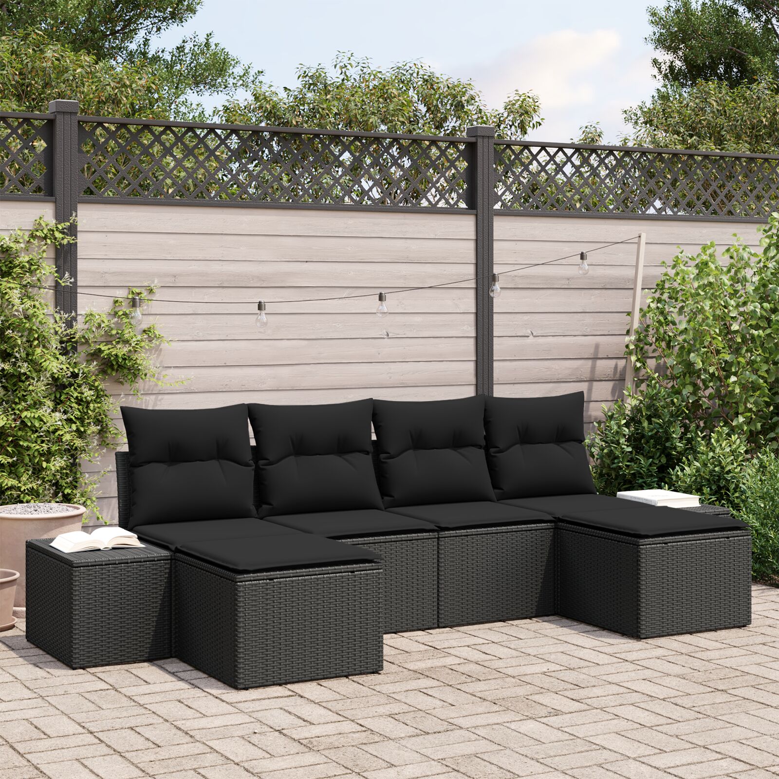 6-teiliges Garten-Sofaset mit Kissen in Schwarz aus Poly-Rattan