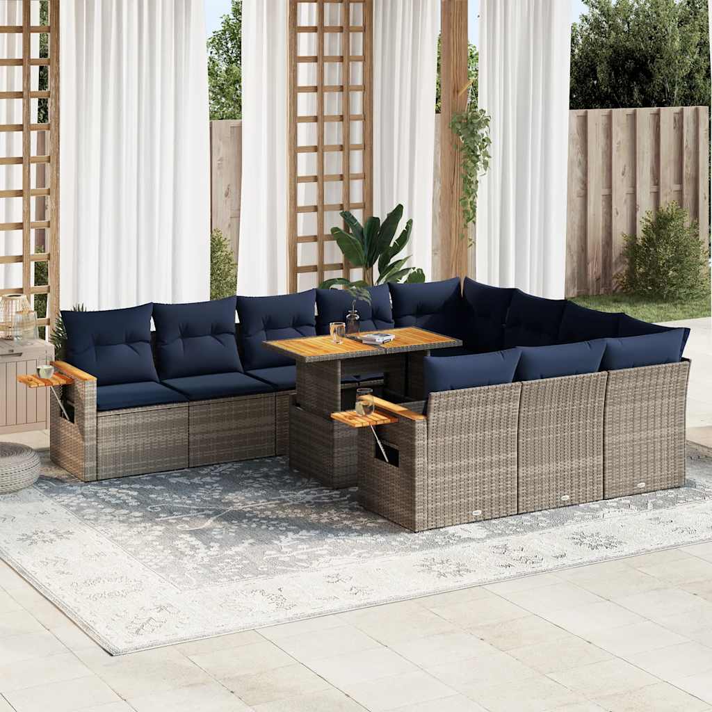 11-tlg. Garten-Sofagarnitur mit Kissen Grau Poly Rattan Akazie 11-tlg. Garten-Sofagarnitur mit Kissen Grau Poly Rattan Akazie