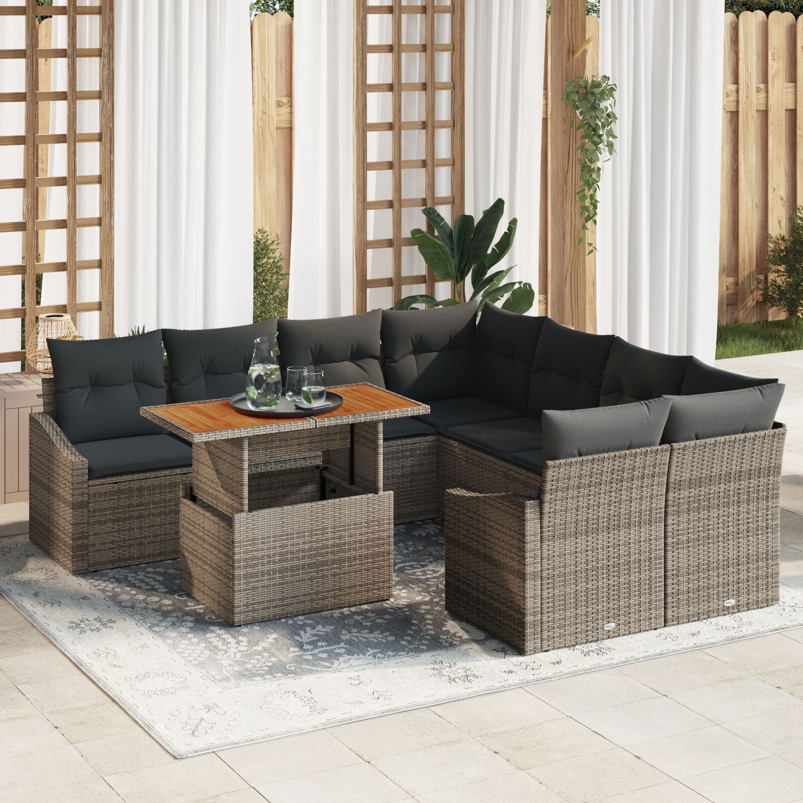 9-teiliges Garten Essset mit Kissen in Grau Poly Rattan Akazie 9-teiliges Garten Essset mit Kissen in Grau Poly Rattan Akazie
