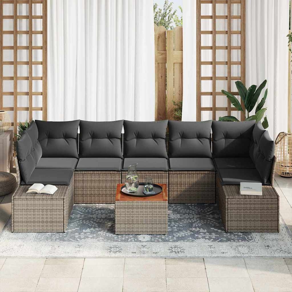 8-teiliges Garten-Sofa-Set mit Kissen Grau Poly Rattan Akazie 8 pcs