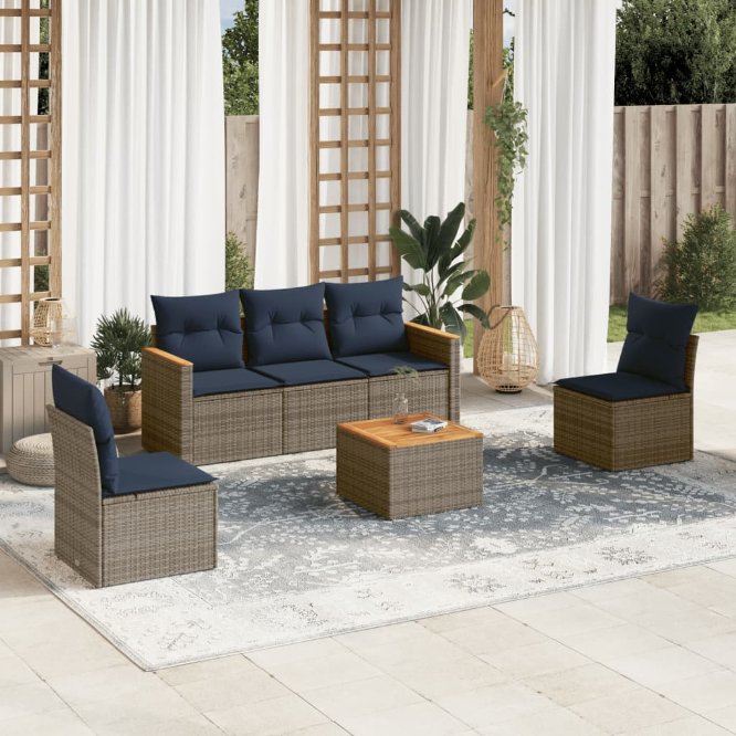 6-teiliges Gartensofa-Set mit Kissen, grau, Polyrattan 6-teiliges Gartensofa-Set mit Kissen, grau, Polyrattan