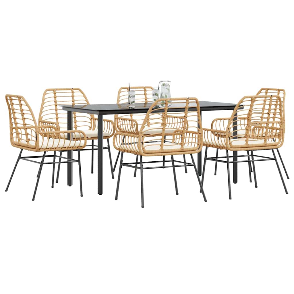 vidaXL 7-tlg. Garten-Essgruppe mit Kissen Braun Poly Rattan Glas