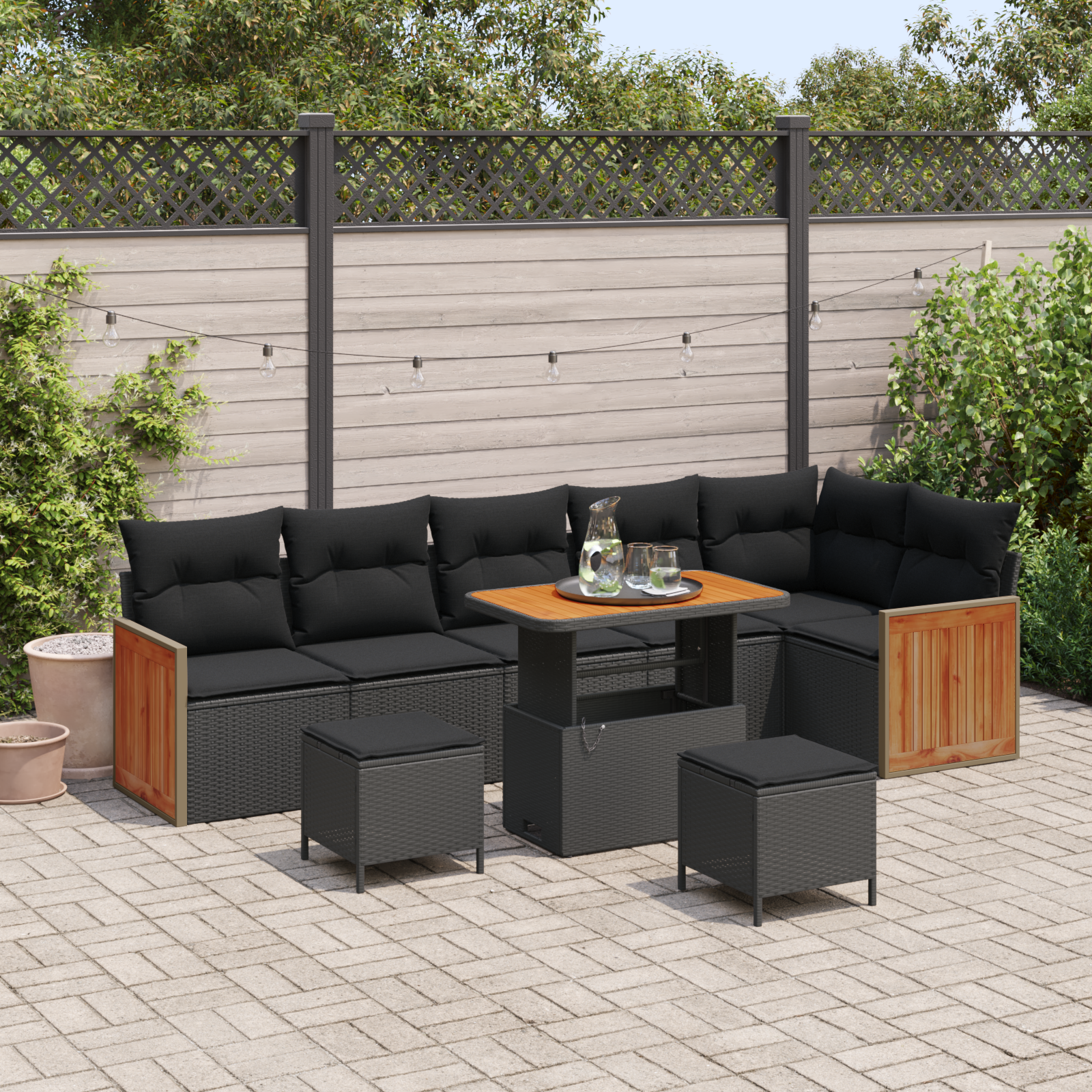 9-teiliges Garten-Sofa-Set mit Kissen Schwarz Poly Rattan Akazie 9-teiliges Garten-Sofa-Set mit Kissen Schwarz Poly Rattan Akazie