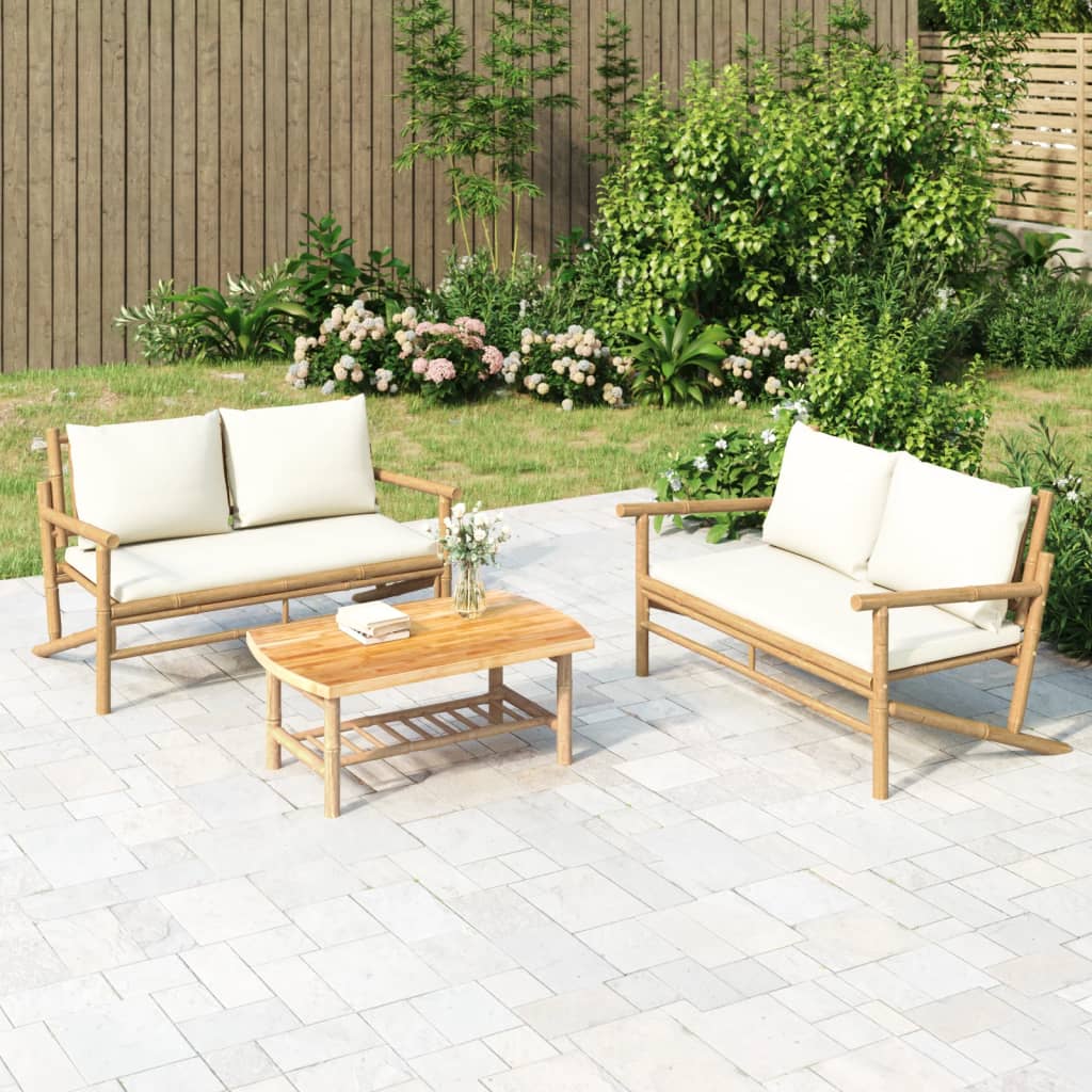 Gartenbank mit Cremeweißen Kissen Bambus Gartenbank mit Cremeweißen Kissen Bambus