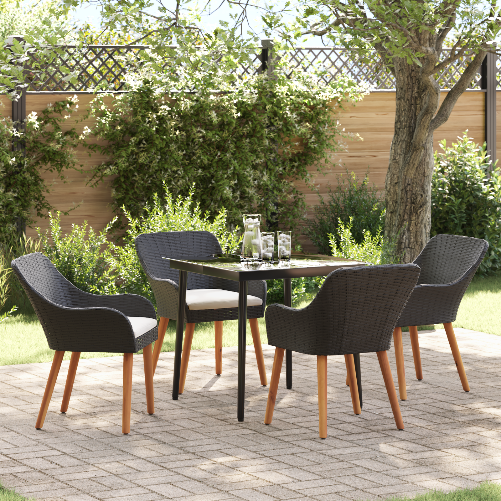 5-teilige Garten Essgruppe Schwarz Poly Rattan