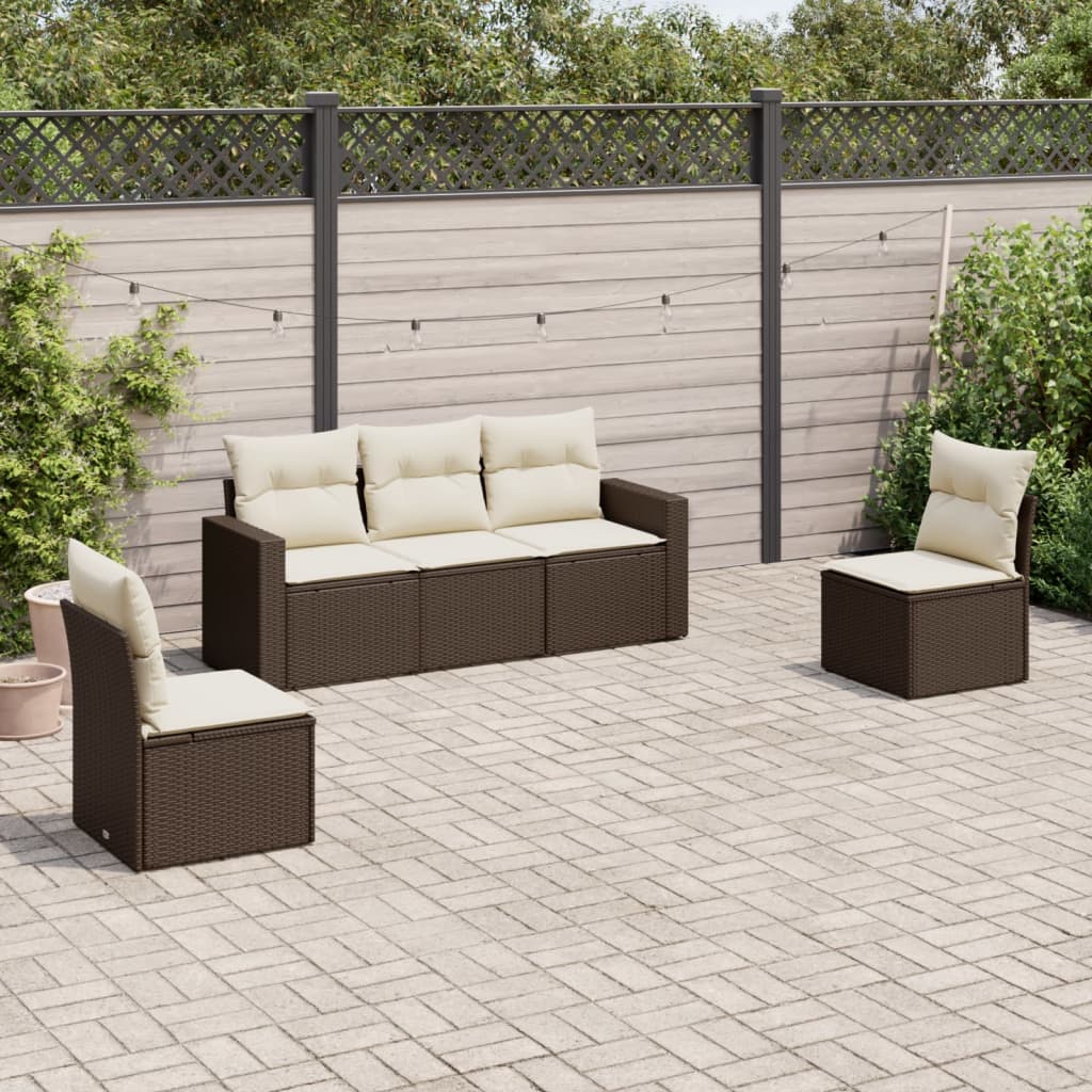 5-tlg. Garten-Sofagarnitur mit Kissen Braun Poly Rattan 5-tlg. Garten-Sofagarnitur mit Kissen Braun Poly Rattan