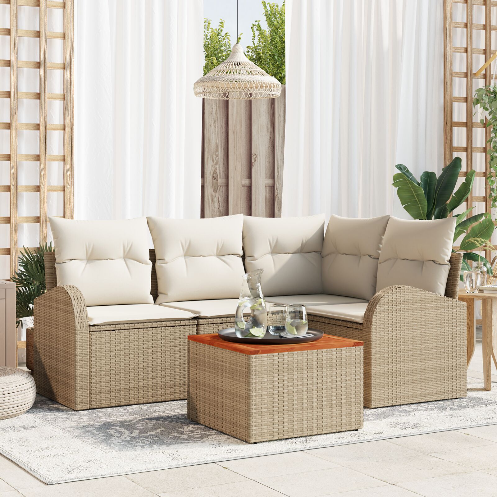 5-teiliges Garten-Sofa-Set mit Kissen Beige Poly-Rattan Akazie 5-teiliges Garten-Sofa-Set mit Kissen Beige Poly-Rattan Akazie