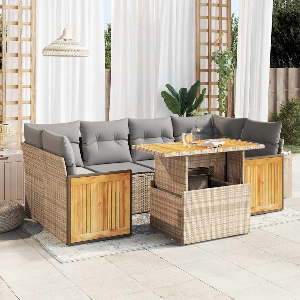 7-tlg. Garten-Sofagarnitur mit Kissen Beige Poly Rattan Akazie 7-tlg. Garten-Sofagarnitur mit Kissen Beige Poly Rattan Akazie