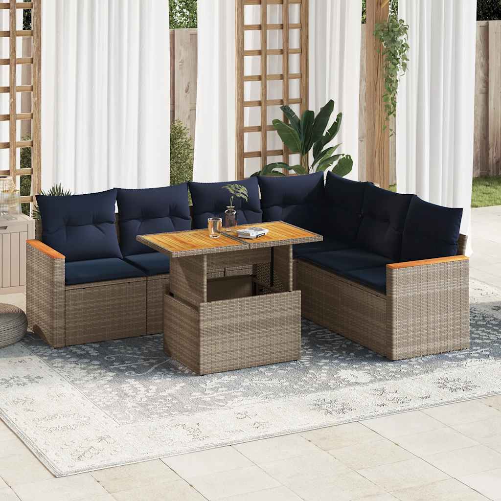 7-tlg. Garten-Sofagarnitur mit Kissen Grau Poly Rattan