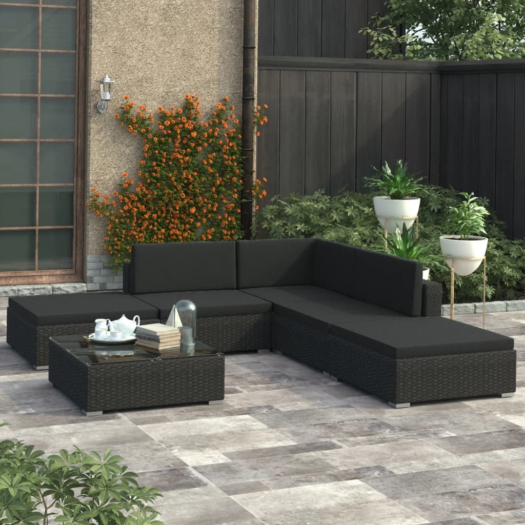 6-tlg. Garten-Lounge-Set mit Kissen Poly Rattan Schwarz 6-tlg. Garten-Lounge-Set mit Kissen Poly Rattan Schwarz
