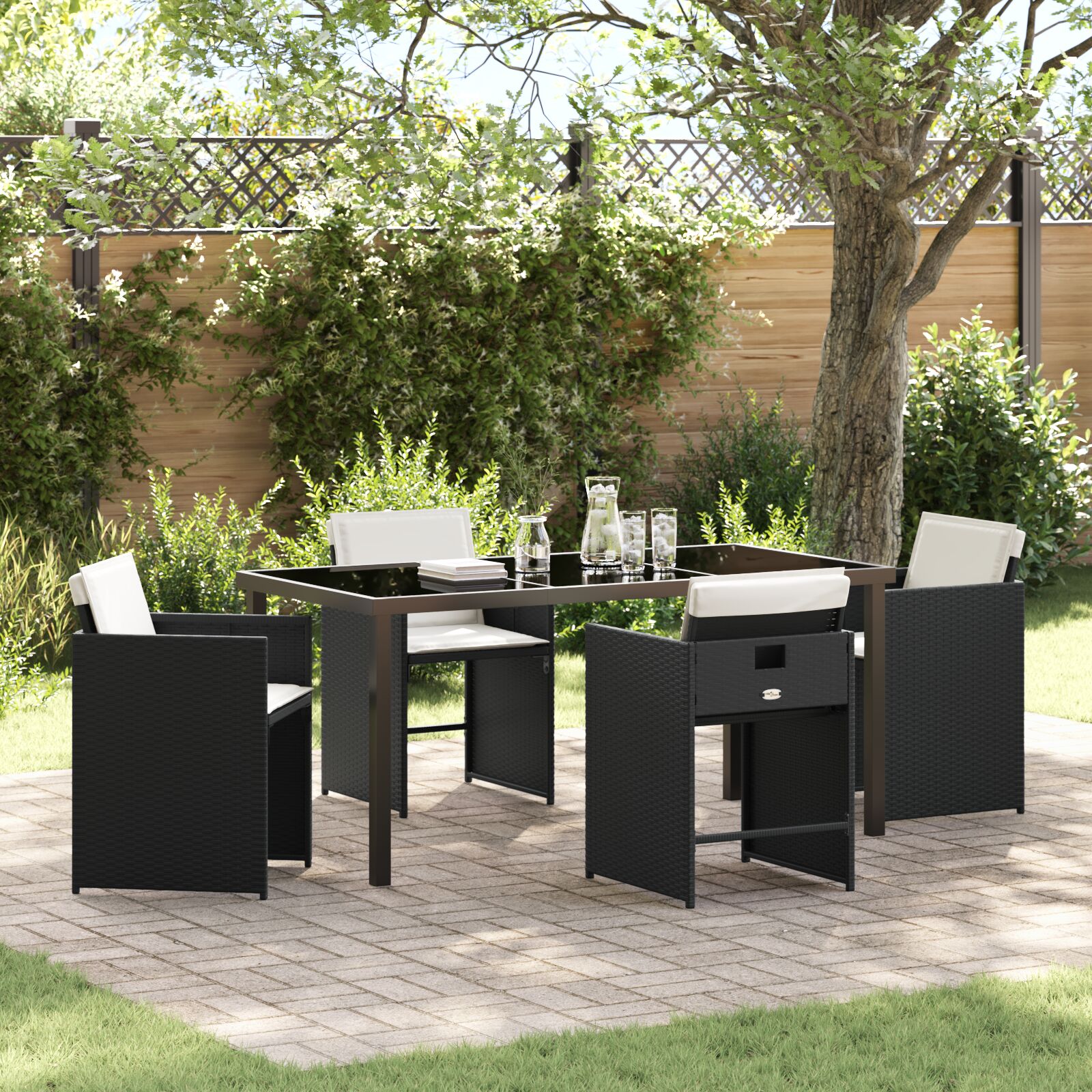 5-teilige Garten-Dining-Set mit Kissen Schwarz Poly-Rattan