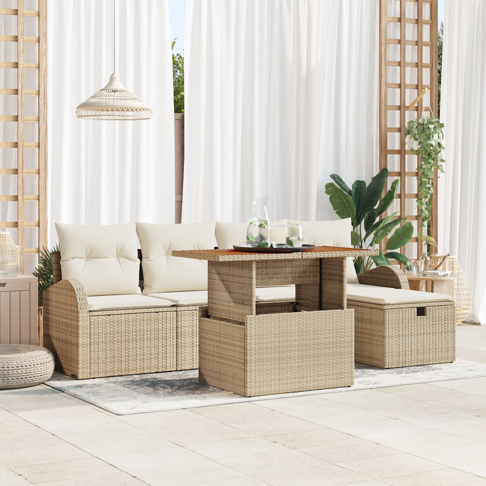 6-teiliges Garten Sofa Set mit Kissen Beige Poly Rattan