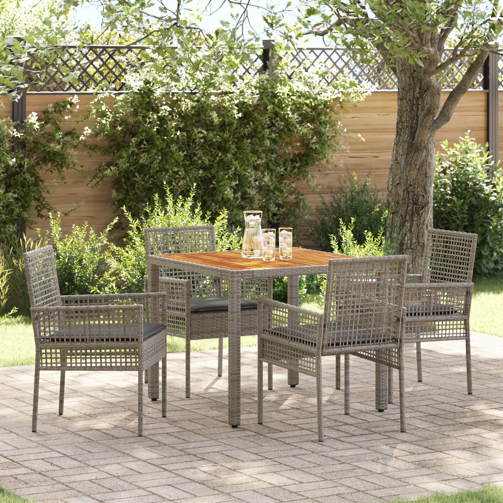 5-teiliges Garten Esszimmer Set mit Kissen Grau Poly Rattan