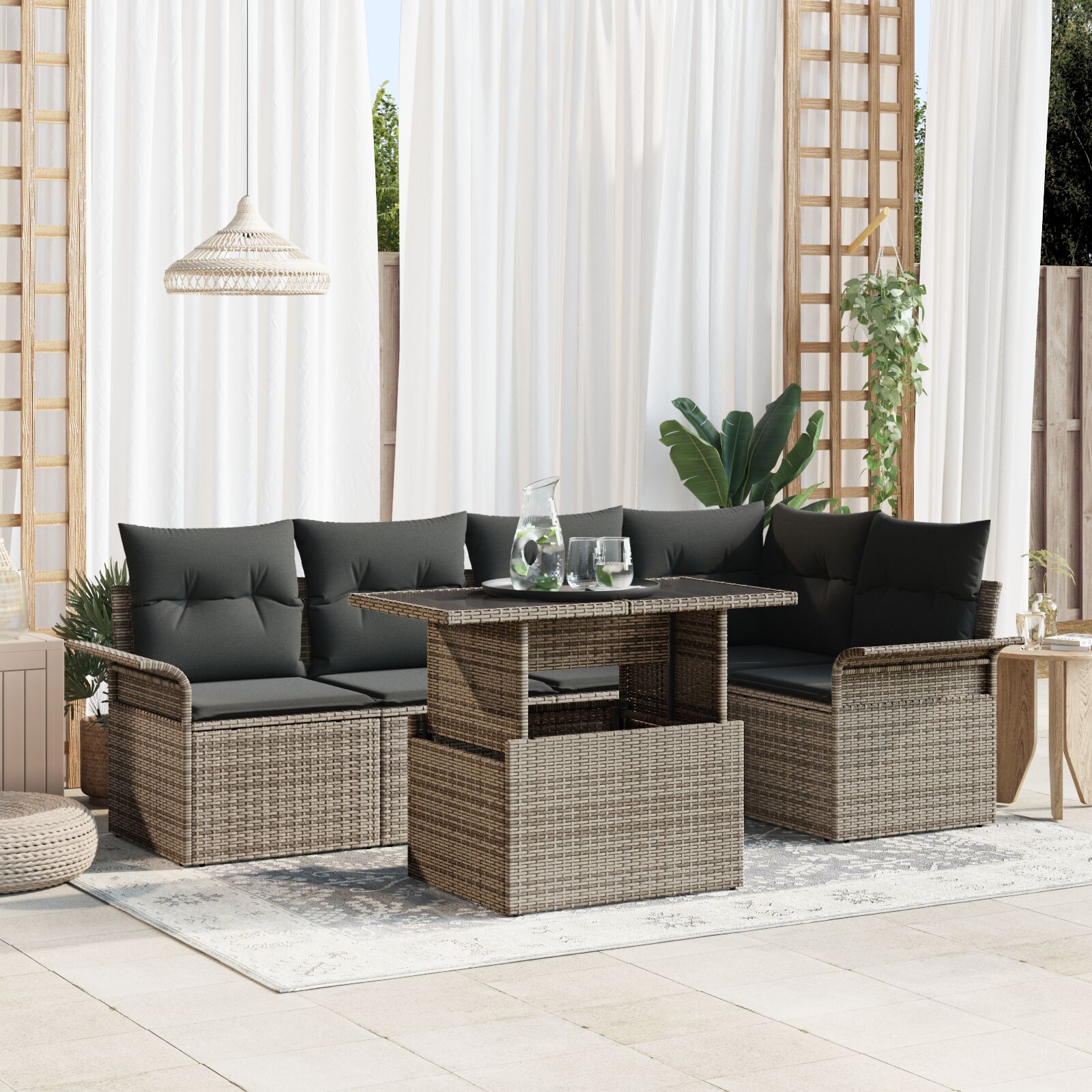 6 Teiliges Garten Sofa Set mit Kissen Grau Poly Rattan