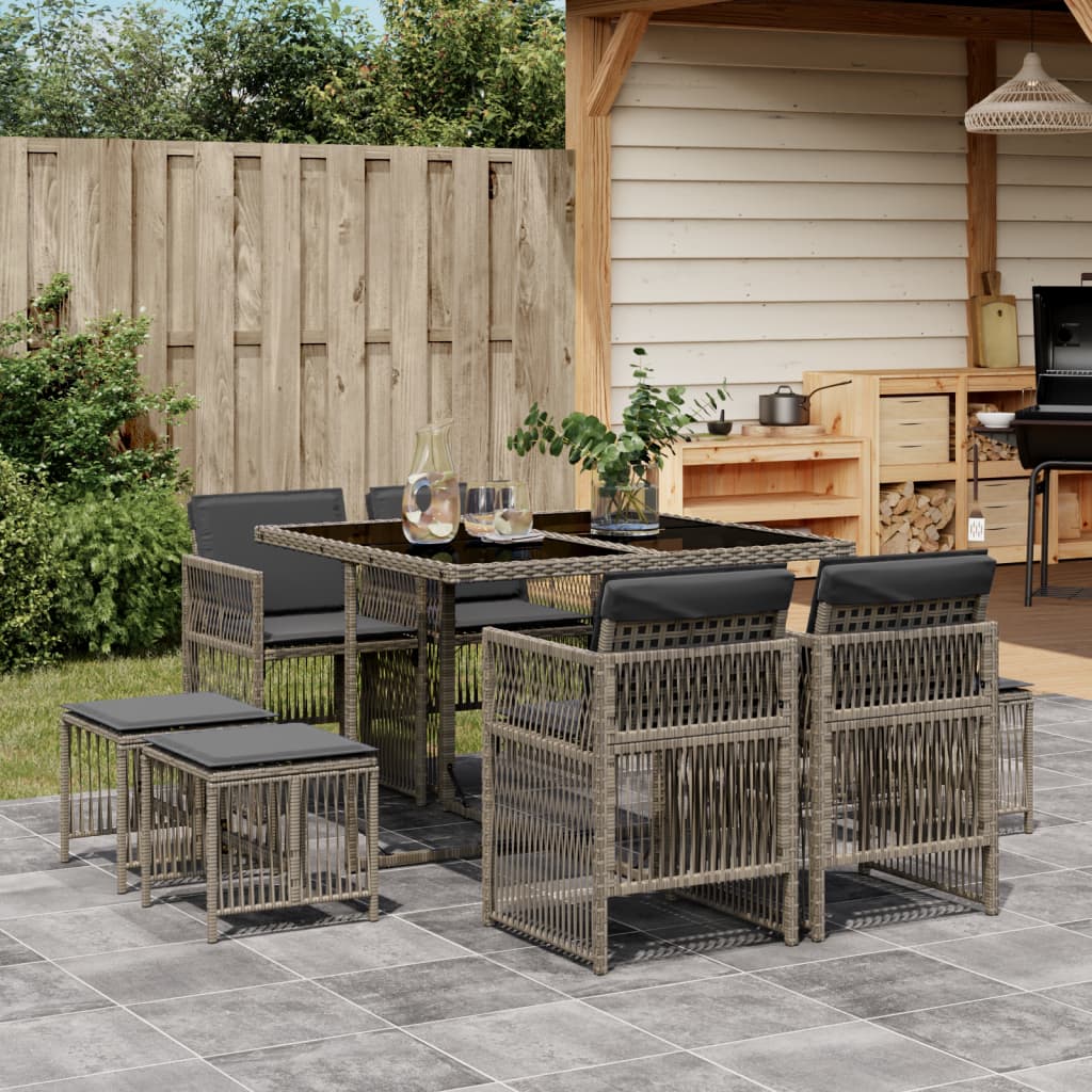 9-tlg. Garten-Essgruppe mit Kissen Grau Poly Rattan 9-tlg. Garten-Essgruppe mit Kissen Grau Poly Rattan