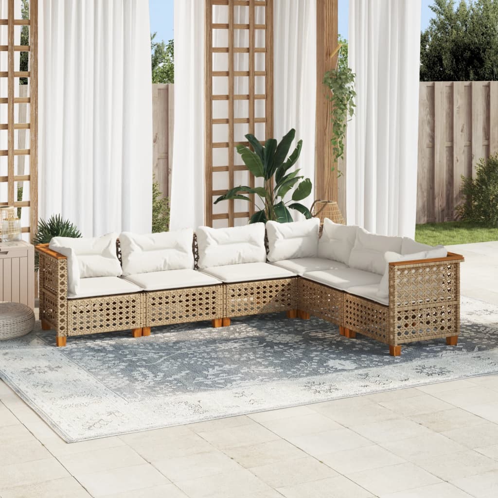 6-tlg. Garten-Sofagarnitur mit Kissen Beige Poly Rattan