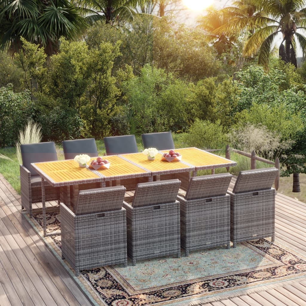 9-tlg. Garten-Essgruppe mit Auflagen Poly Rattan Grau
