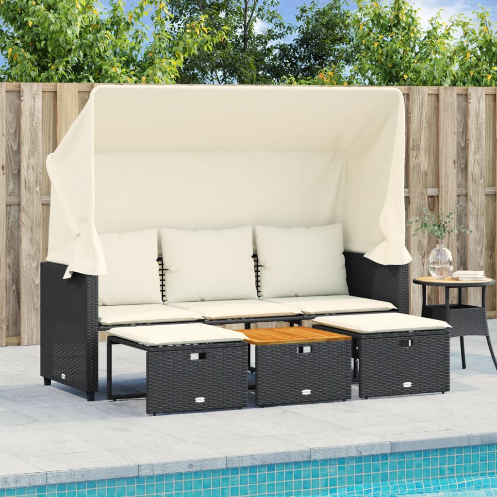 Outdoor-Sofa 3-Sitzer mit Dach und Hockern Schwarz Poly-Rattan Outdoor-Sofa 3-Sitzer mit Dach und Hockern Schwarz Poly-Rattan