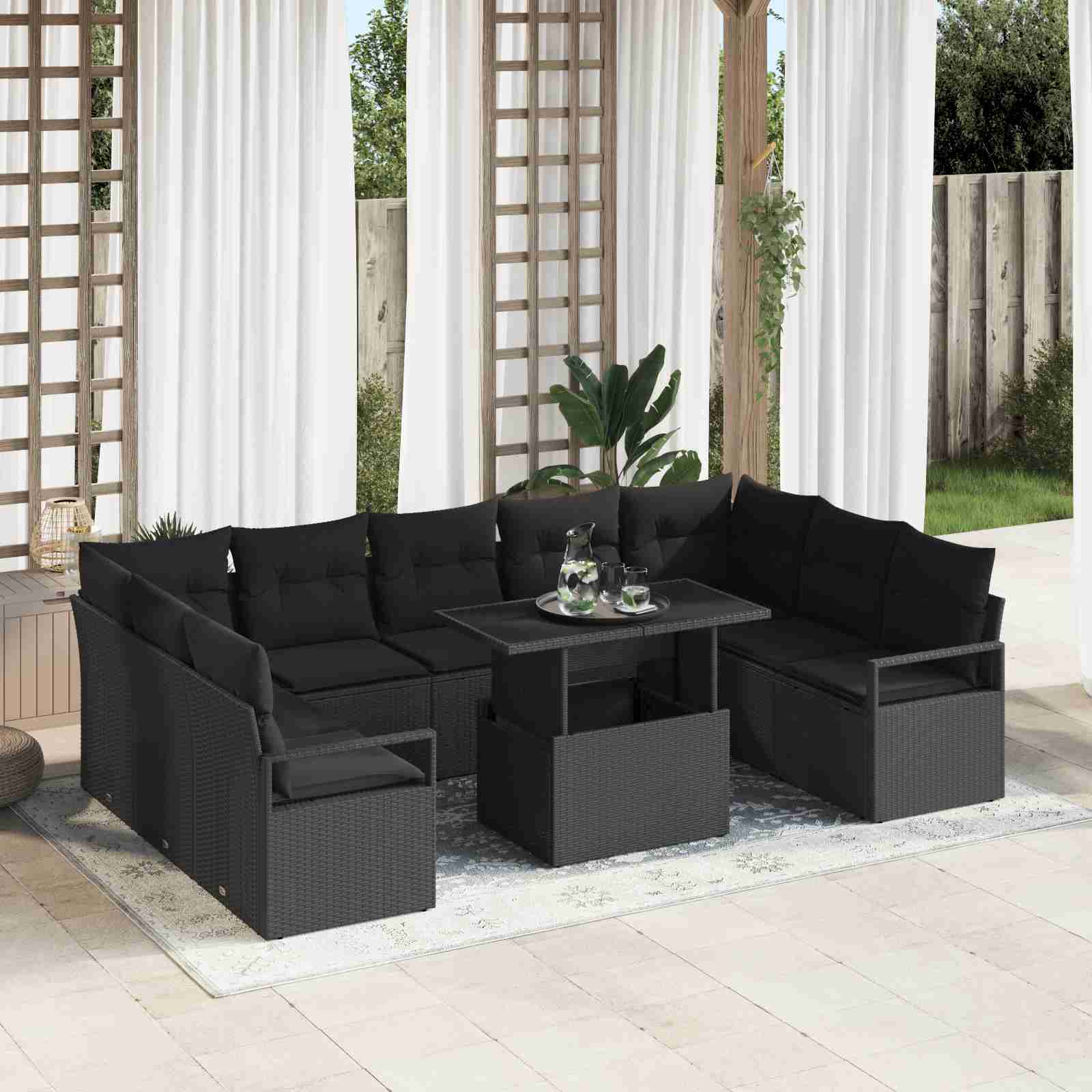 10-teiliges Garten Sofa Set mit Kissen schwarzes Poly-Rattan 10-teiliges Garten Sofa Set mit Kissen schwarzes Poly-Rattan
