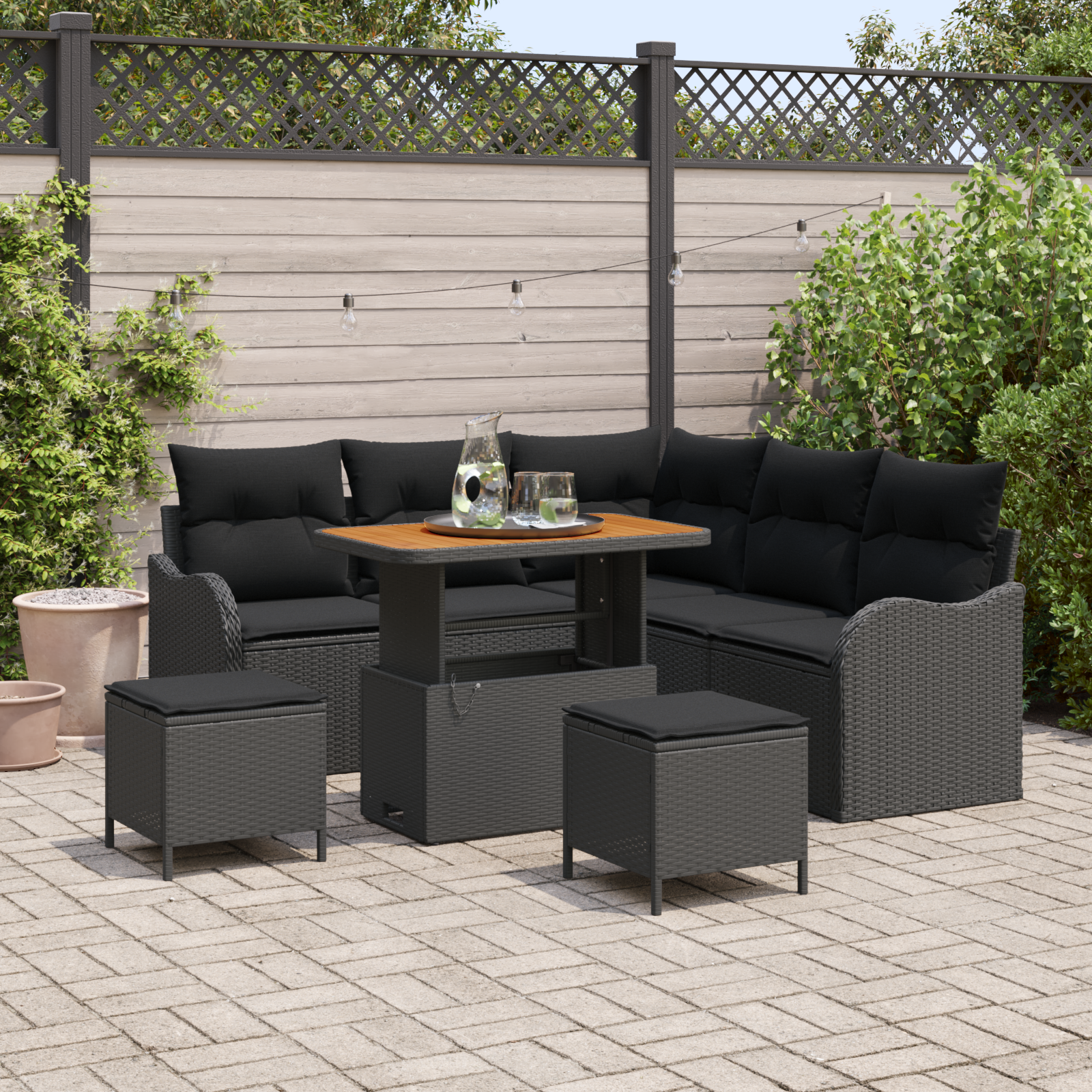 8-teilige Garten Sofa Set mit Kissen Schwarz Poly Rattan Akazie