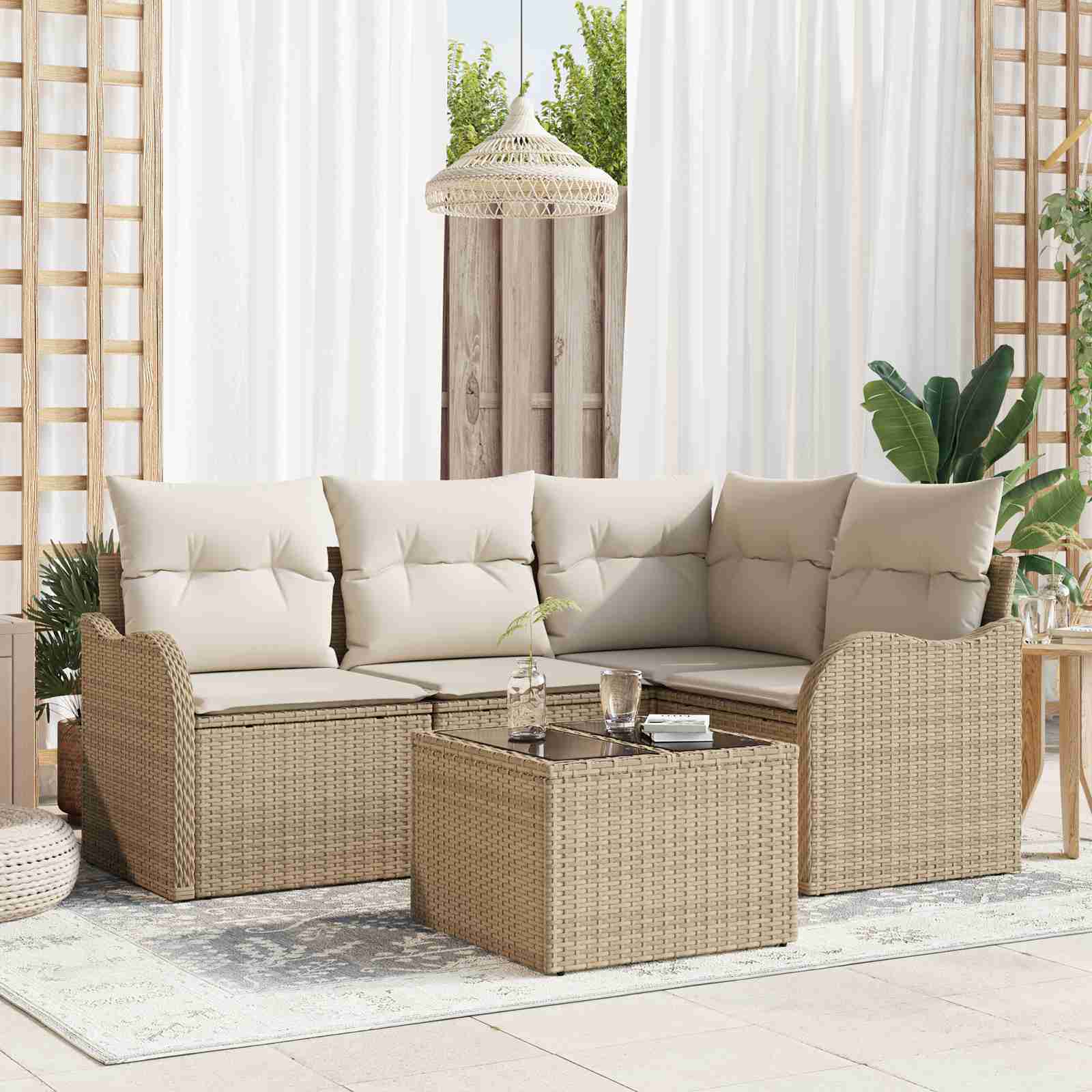 5-teiliges Garten Sofa Set mit Kissen Braunes Poly Rattan