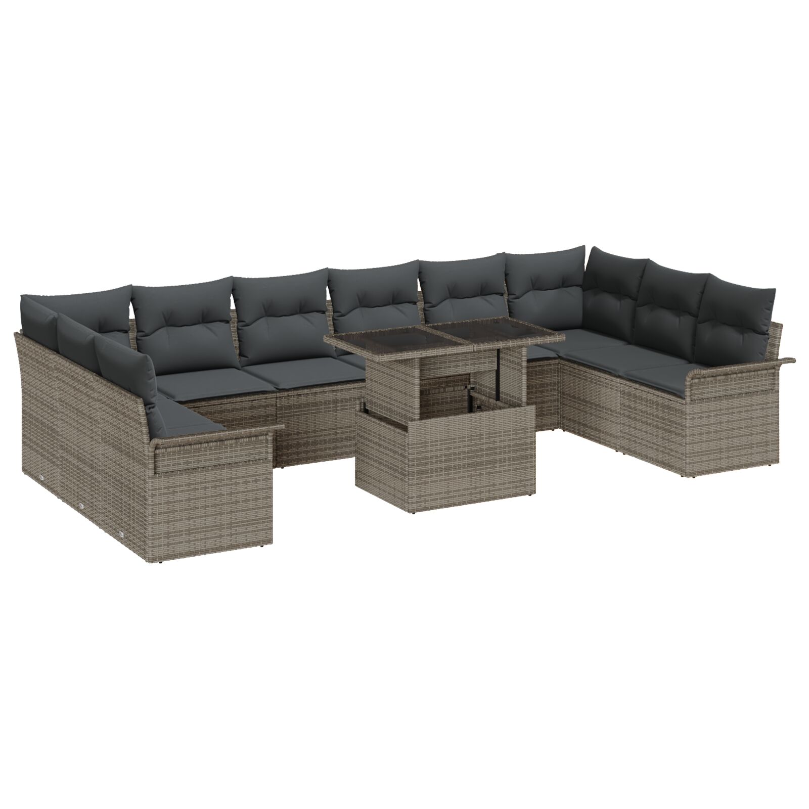 11-teiliges Garten-Sofa-Set mit Kissen Grau Poly-Rattan, 2-Sitzer Garten-Sofa mit Stauraum & Kissen Grau Poly-Rattan
