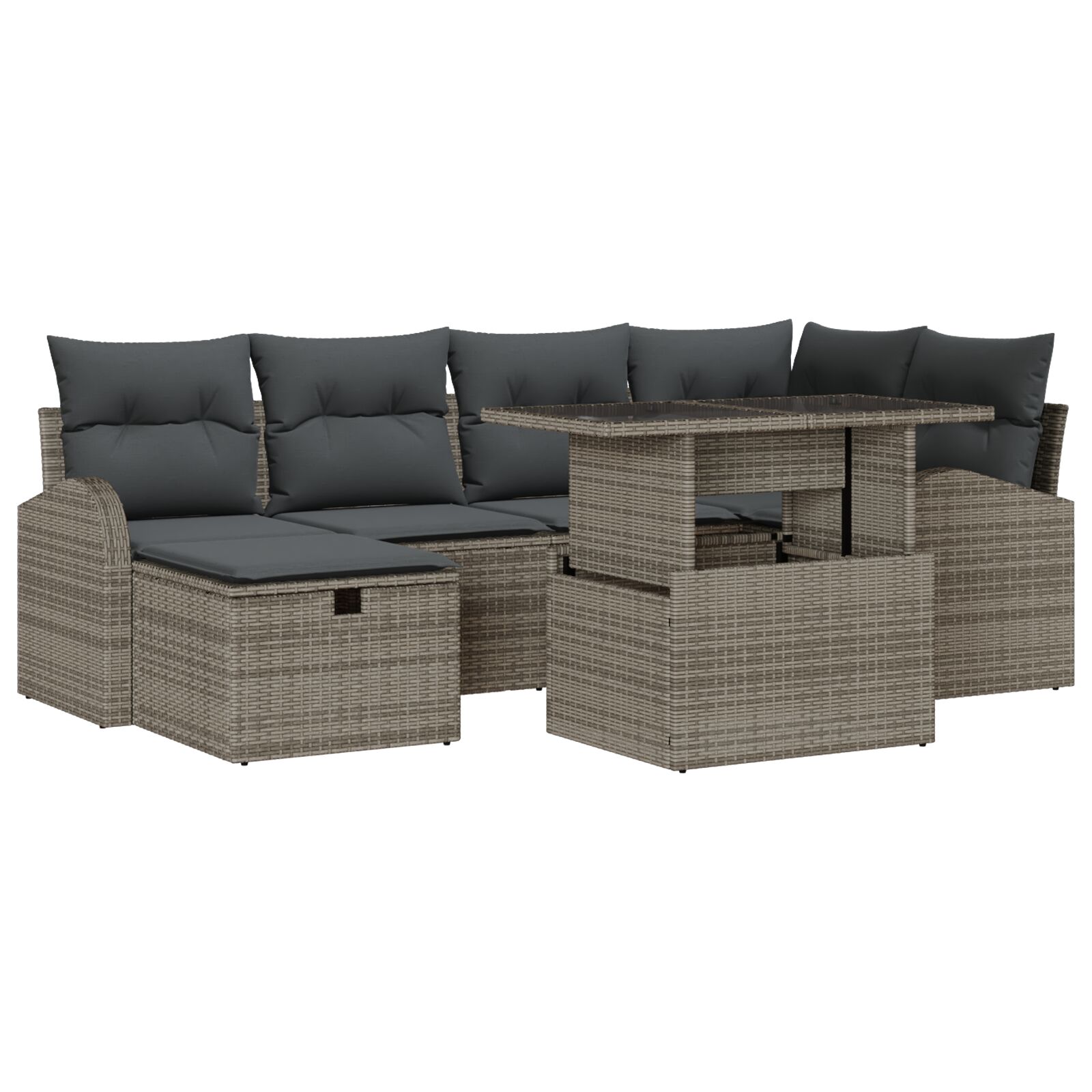 7-teiliges Garten Sofa Set mit Kissen Grau Poly Rattan, 2-Sitzer Garten Sofa mit Stauraum & Kissen Grau Poly Rattan
