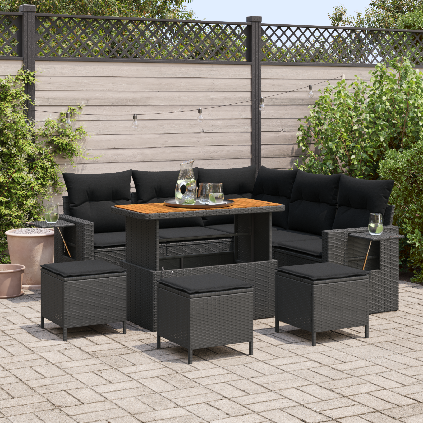 9-teiliges Garten Sofa Set mit Kissen - Schwarzes Poly-Rattan Akazie 9-teiliges Garten Sofa Set mit Kissen - Schwarzes Poly-Rattan Akazie