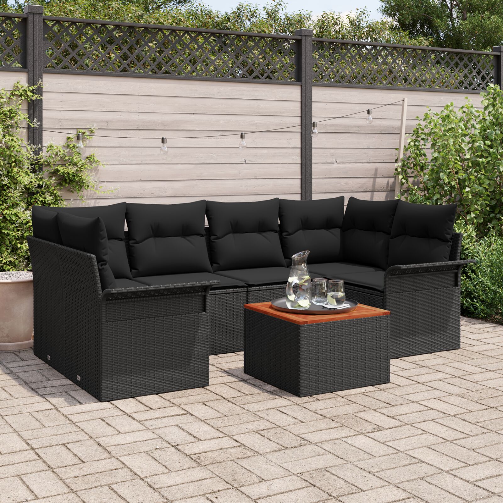 7-teiliges Garten-Sofa-Set mit Kissen Schwarz Poly Rattan Akazie