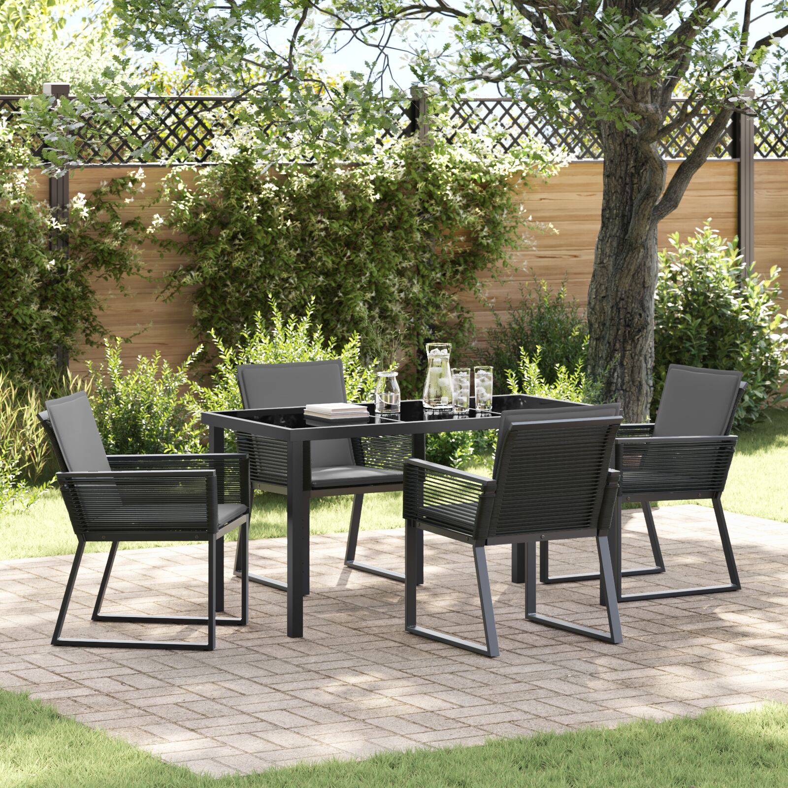5-teiliges Garten-Esszimmer-Set mit Kissen Schwarz Poly-Rattan 5-teiliges Garten-Esszimmer-Set mit Kissen Schwarz Poly-Rattan