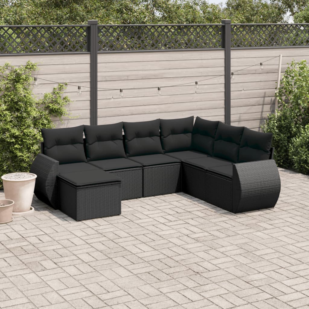 7-tlg. Garten-Sofagarnitur mit Kissen Schwarz Poly Rattan 7-tlg. Garten-Sofagarnitur mit Kissen Schwarz Poly Rattan
